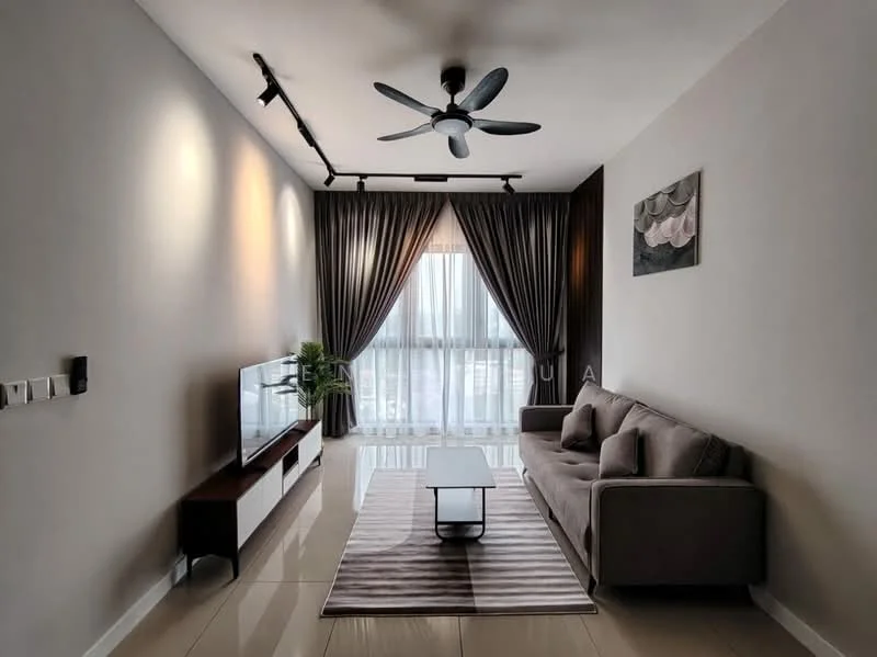 Living features: 3-seater fabric sofa in grey, coffee table, wall-mounted TV, TV console, area rug with striped pattern, floor-to-ceiling windows, sheer curtains, dark curtains, 5-blade ceiling fan with light, recessed downlights, decorative wall art; style: modern.