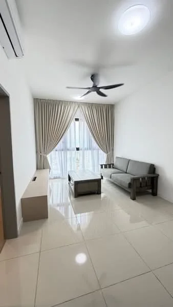 Living features: grey fabric sofa, wood coffee table, floor-to-ceiling windows, sheer curtains, recessed ceiling light, 5-blade ceiling fan, glossy tile flooring, white painted walls; style: modern.