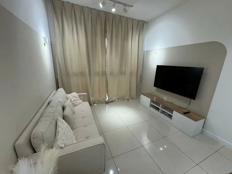 Living features: white painted walls, cream accent wall, large floor-to-ceiling window covered with beige curtains, white tiled flooring, 3-seater fabric sofa in light grey, wall-mounted TV, TV console with wooden top, recessed ceiling lights; style: modern.