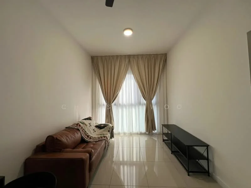 Living features: 3-seater leather sofa in brown, decorative throw blanket on sofa, floor-to-ceiling windows, sheer curtains, light-colored walls, polished tile flooring, ceiling light fixture, TV console in black metal; style: modern.