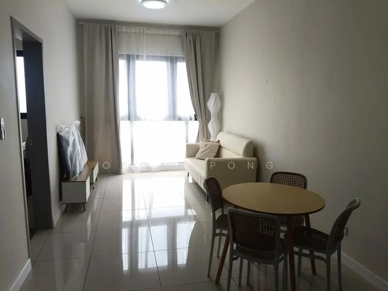 Living features: white painted walls, glossy tile flooring, floor-to-ceiling windows, sheer curtains, 3-seater fabric sofa in cream, round dining table, 4 dining chairs, TV console, wall-mounted TV, ceiling light fixture; style: modern; view: city.