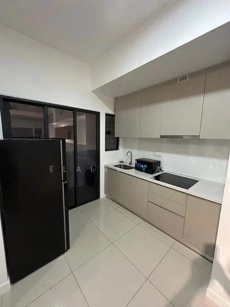 Kitchen features: black fridge, single-bowl stainless-steel sink, chrome pull-down faucet, white quartz countertop, flat-panel beige cabinets, built-in oven, ceramic tile flooring, wall-mounted window, black glass cooktop, recessed downlights; style: modern.
