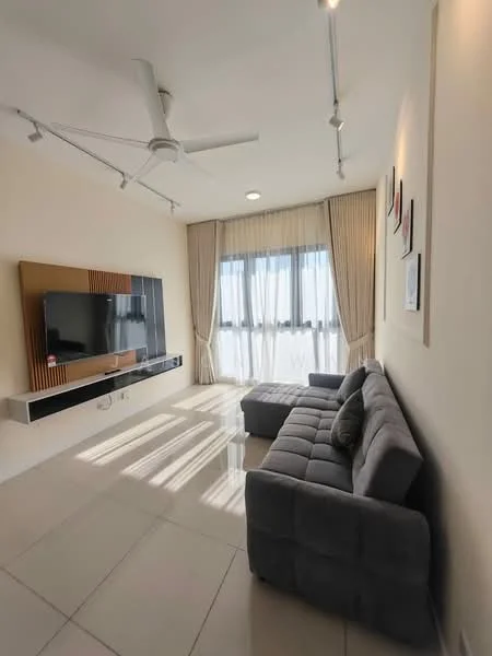 Living features: 3-seater fabric sofa in grey, wall-mounted TV, TV console with storage, floor-to-ceiling windows, sheer curtains, recessed downlights, 5-blade ceiling fan, light-colored painted walls, glossy tile flooring, decorative wall art; style: modern.
