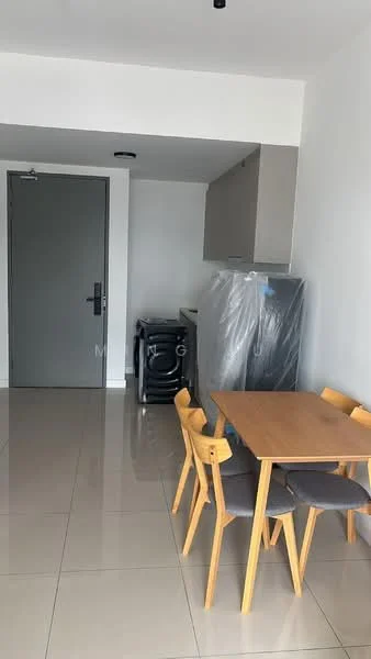 Dining features: dining table with four wooden chairs, grey ceramic tile flooring, white painted walls, kitchen cabinetry in light grey, stainless-steel fridge, washing machine, recessed ceiling lights, door with security lock; style: modern.