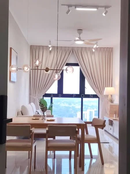 Dining features: 6-seater dining table, wooden dining chairs, pendant light fixture, floor-to-ceiling windows, sheer curtains, cream painted walls, polished tile flooring, decorative wall art, sideboard cabinet, ceiling fan; style: modern; view: city.