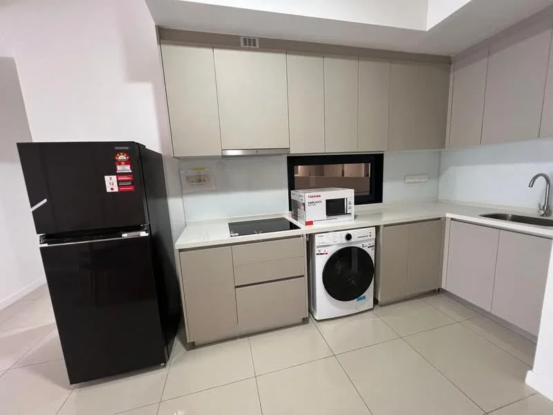 Kitchen features: black fridge, built-in oven, white microwave, single-bowl stainless-steel sink, chrome pull-down faucet, light grey cabinetry, white countertop, ceramic tile flooring, washing machine, induction hob; style: modern.