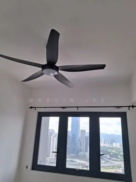 Room features: white painted walls, ceiling fan with light, floor-to-ceiling windows, city skyline view; view: city.