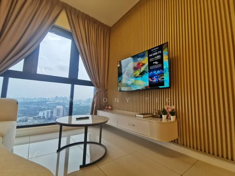 Living features: floor-to-ceiling windows, wood accent wall with vertical panels, light-colored sofa, round coffee table with black metal base, wall-mounted TV, neutral-colored curtains, tile flooring, city view; style: modern; view: city.