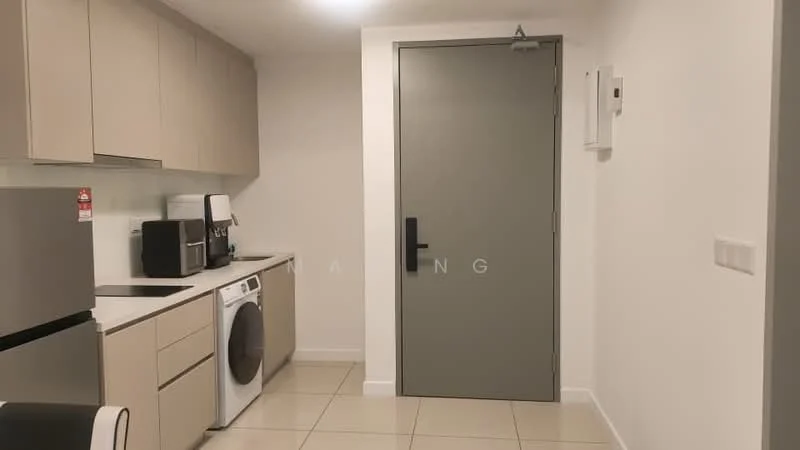 Kitchen features: light grey cabinetry, black countertop, stainless-steel fridge, built-in microwave, front-load washing machine, single-bowl stainless-steel sink, chrome pull-down faucet, tile flooring, recessed downlights, grey door, white walls, wall-mounted electrical panel; style: modern.