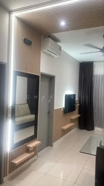 Room features: white painted walls, wood paneling, glossy tile flooring, 5-blade ceiling fan, wall-mounted split AC, wall-mounted TV, floating shelves, full-height curtains, mirror with LED lighting, recessed lighting; style: modern.