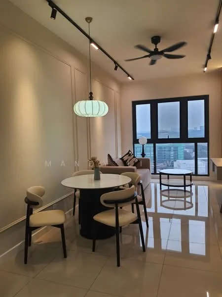 Dining features: round dining table, 4 upholstered dining chairs, pendant lamp, 5-blade ceiling fan, floor-to-ceiling windows, city view, light-colored walls, glossy tile flooring, decorative wall paneling, sofa with cushions, side table; style: modern; view: city.