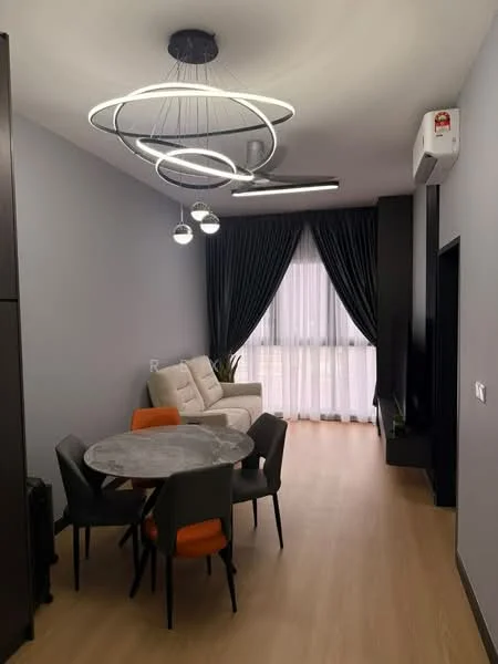 Living features: grey painted walls, light wood flooring, 5-blade ceiling fan with integrated LED light, large window with sheer curtains, sofa in cream color, round marble dining table, 4 upholstered dining chairs in grey and orange, wall-mounted TV, black TV console, air conditioning unit on wall; style: modern.