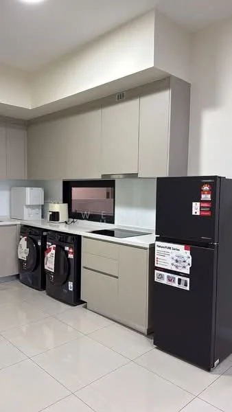 Kitchen features: light grey cabinetry, white countertop, stainless-steel sink, chrome pull-down faucet, built-in oven, freestanding range oven, black refrigerator, white microwave, 2 front-load washing machines, ceramic tile flooring, recessed downlights, white backsplash; style: modern.