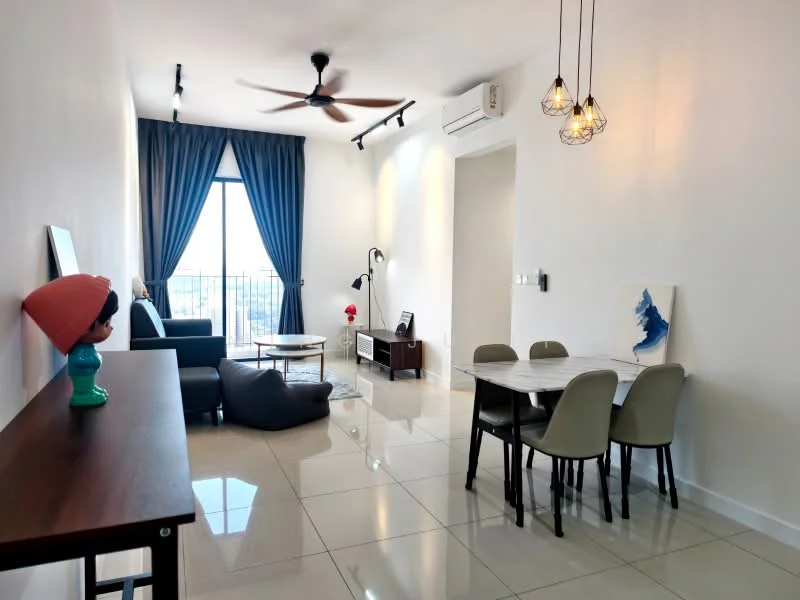 Living features: 5-blade ceiling fan, recessed LED downlights, floor-to-ceiling windows, blue curtains, white painted walls, glossy tile flooring, sofa in grey, coffee table, TV console, wall-mounted TV, decorative artwork, dining table with 4 chairs, decorative plant; style: modern; view: city.