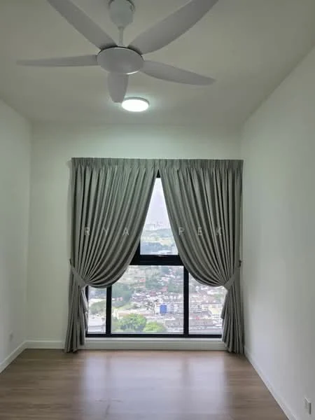 Room features: white painted walls, laminate flooring, 5-blade ceiling fan with light, floor-to-ceiling window, sheer curtains, blackout curtains, city view; style: modern.
