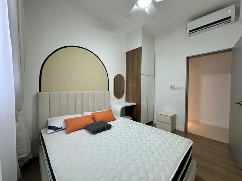 Bedroom features: queen-size bed with upholstered headboard, white bedding with orange accent pillows, light wood bedside table, wall-mounted mirror, built-in wardrobe with wood finish, white painted walls, ceiling fan, wall-mounted split AC, laminate flooring, curtains; style: modern.
