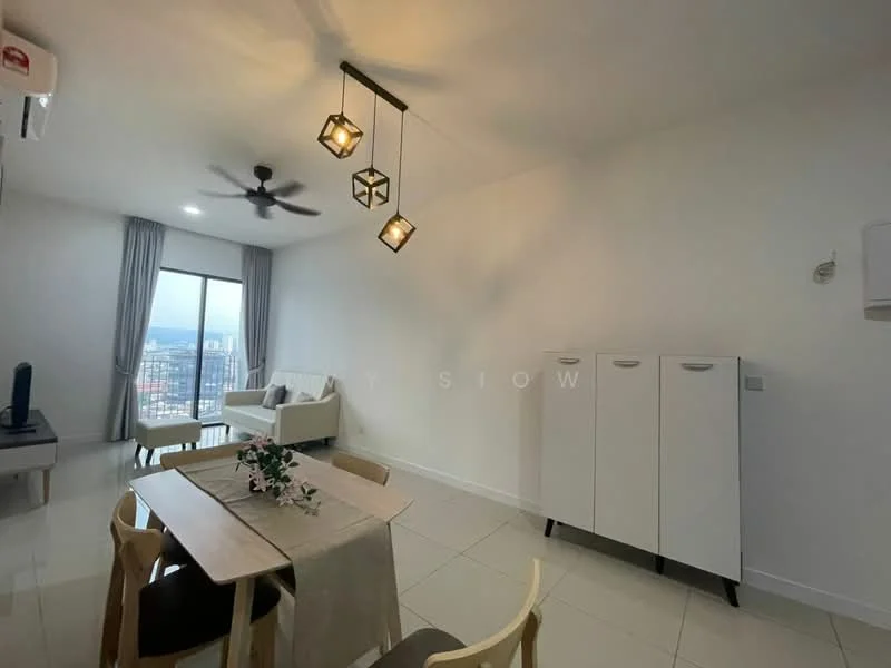 Living features: white painted walls, glossy tile flooring, 5-blade ceiling fan with light, pendant lighting with three fixtures, floor-to-ceiling windows, curtains, sofa in light color, dining table with four chairs, white storage cabinet, TV console, city view; style: modern; view: city.
