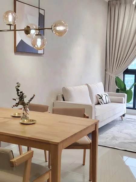 Living features: light grey painted walls, white sofa with black accent pillow, wooden dining table, 4 wooden dining chairs, chandelier with glass globes, area rug with neutral tones, floor-to-ceiling window, curtains in light fabric, decorative plant in vase, abstract wall art; style: modern; view: city.