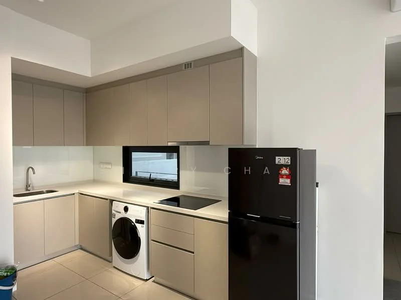Kitchen features: light beige cabinetry, white countertop, single-bowl stainless-steel sink, chrome pull-down faucet, built-in oven, 4-burner induction hob, white washing machine, black refrigerator, ceramic tile flooring, wall-mounted cabinets, open shelving, recessed downlights, window above sink; style: modern.