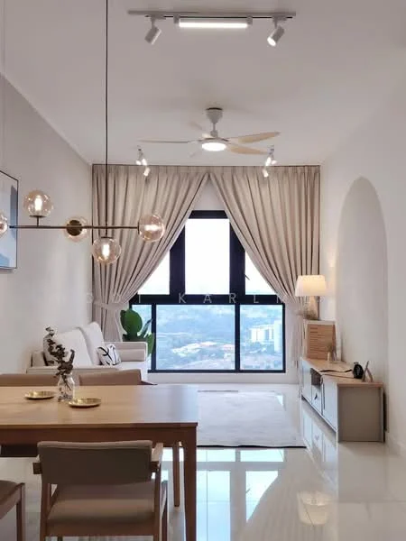 Living features: floor-to-ceiling windows, curtains in light beige, 3-blade ceiling fan, recessed LED downlights, light wood dining table, upholstered sofa in light color, wooden TV console, decorative vase on table, area rug in neutral color, wall-mounted lamp, decorative wall art; style: modern; view: city.
