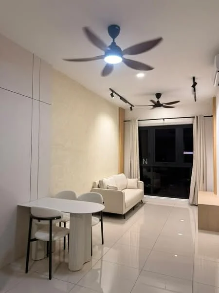 Living features: 3-seater fabric sofa in white, round dining table, 2 dining chairs, 1 column pedestal base, white tiled flooring, recessed LED downlights, 3-blade ceiling fan with light, floor-to-ceiling windows, sheer curtains, light-colored accent wall, wall-mounted air conditioning unit; style: modern.