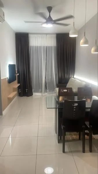 Living features: white painted walls, glossy tile flooring, 5-blade ceiling fan with light, wall-mounted TV, wooden TV console, glass dining table, black dining chairs, sheer curtains, dark brown curtains, recessed LED lighting, decorative wall paneling; style: modern.