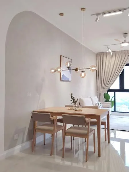 Dining features: light wood dining table, 2 light wood dining chairs, pendant light fixture with glass bulbs, cream painted walls, white ceiling, marble flooring, curtains in light fabric, decorative plant in pot, framed artwork on wall, ceiling fan with light; style: modern; view: city.