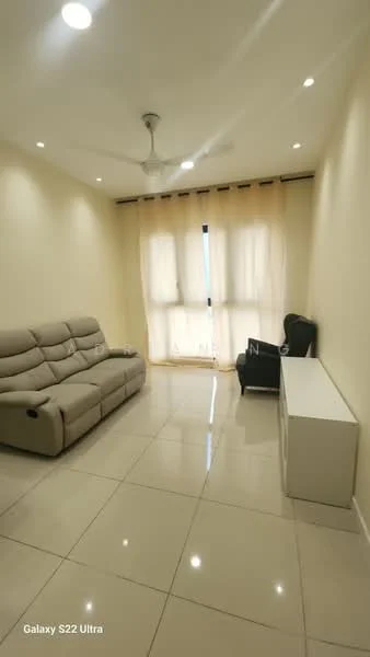 Living features: 3-seater fabric sofa in grey, single armchair in black, white TV console, cream painted walls, glossy ceramic tile flooring, ceiling fan, sheer curtains, natural light from window; style: modern.