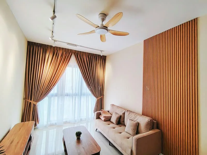 Living features: 3-seater fabric sofa in beige, wooden coffee table, floor-to-ceiling windows, sheer curtains, brown drapes, 5-blade ceiling fan with light, wood accent wall, glossy tile flooring, decorative plant on table; style: modern.
