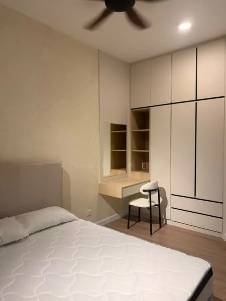 Bedroom features: queen-size bed, upholstered headboard, built-in wardrobe with sliding doors, study desk with chair, mirror above desk, wooden flooring, ceiling fan, recessed downlights, cream painted walls; style: modern.