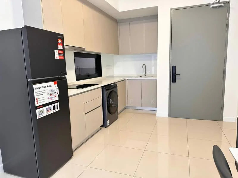 Kitchen features: black stainless-steel fridge, built-in microwave, black countertop, light beige cabinetry, single-bowl stainless-steel sink, chrome pull-down faucet, ceramic tile flooring, wall-mounted oven, washing machine, white backsplash, recessed downlights; style: modern.