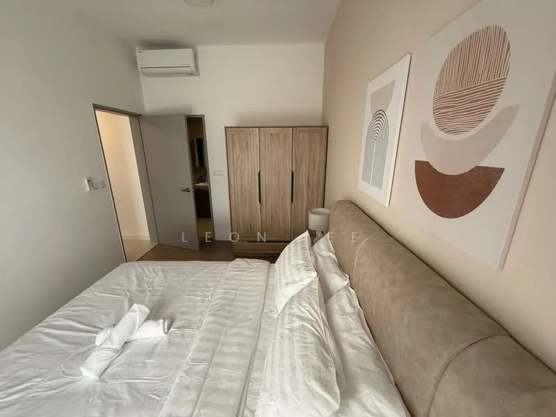 Bedroom features: king-size bed with upholstered headboard, white bedding, wooden wardrobe, wall-mounted air conditioning unit, light-colored walls, decorative wall art, wooden flooring, bedside table, window with natural light; style: modern.