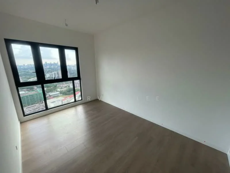 Room features: white painted walls, laminate flooring, floor-to-ceiling windows, city view; view: city.