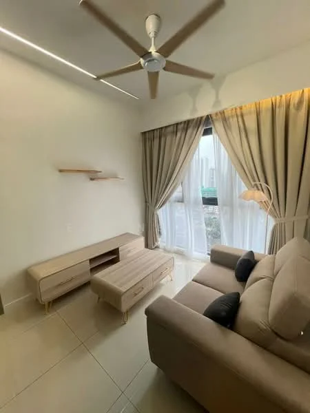 Living features: beige fabric sofa, 2 black cushions, light wood TV console, light wood coffee table, floor-to-ceiling windows, sheer curtains, blackout curtains, 5-blade ceiling fan with light, white painted walls, tile flooring, decorative wall shelves; style: modern; view: city.