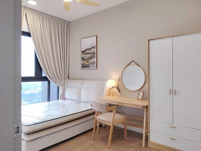 Bedroom features: queen-size bed with white upholstered headboard, light wood study desk, light wood chair, framed artwork on wall, round mirror, white wardrobe with sliding doors, floor-to-ceiling window with city view, curtains in light fabric, wooden flooring, table lamp on desk, decorative items on desk; style: modern; view: city.