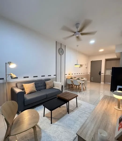 Living features: 3-seater fabric sofa in grey, 2 wooden chairs, 2 coffee tables, area rug, pendant lamp, 5-blade ceiling fan, wall clock, white painted walls, tile flooring, dining area visible in background, recessed lighting, decorative wall paneling; style: modern.