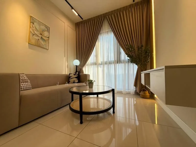 Living features: beige fabric sofa, round coffee table with black frame and rattan top, floor-to-ceiling windows, sheer curtains, decorative wall art with floral design, recessed lighting, wall-mounted TV console, potted plant, glossy tiled flooring, golden decorative pot, wall with built-in cabinetry; style: modern.