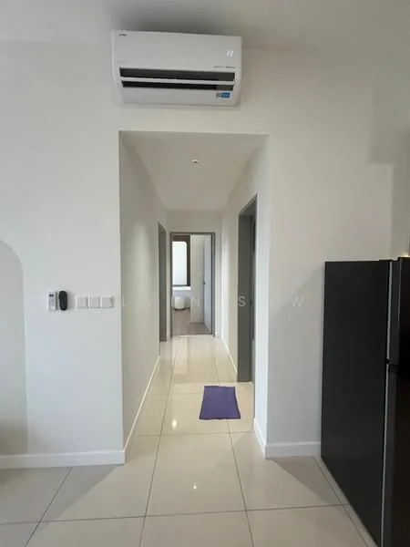 Hallway features: white painted walls, glossy ceramic tile flooring, 1 wall-mounted split AC, recessed lighting, doorway leading to other rooms, purple mat on the floor, neutral color scheme; style: modern.