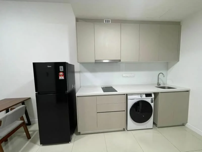 Kitchen features: light grey cabinetry, white countertop, single-bowl stainless-steel sink, chrome pull-down faucet, built-in stove, black fridge, front-load washing machine, ceramic tile flooring, white painted walls, recessed downlights; style: modern.