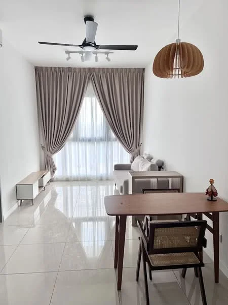 Living features: white painted walls, glossy porcelain tile flooring, 5-blade ceiling fan with light, recessed LED downlights, floor-to-ceiling windows, sheer curtains, heavy drapes, light wood dining table, wooden chair with cane back, sofa in light fabric, decorative wall art, minimalist sideboard; style: modern; view: city.