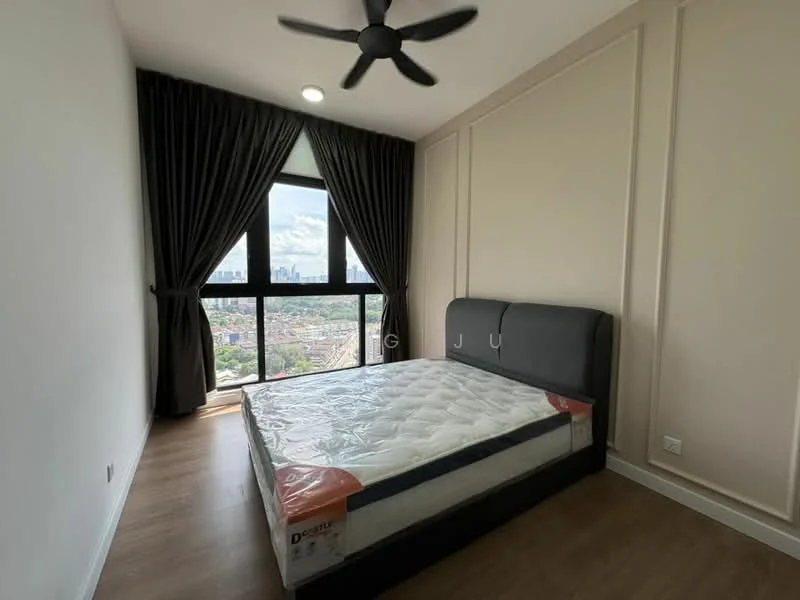 Bedroom features: queen-size bed, upholstered headboard, floor-to-ceiling windows, blackout curtains, 5-blade ceiling fan, light-colored walls, wooden flooring, city view; style: modern; view: city.