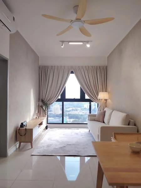Living features: 3-seater fabric sofa in white, wooden coffee table, TV console, wall-mounted TV, area rug with neutral color, floor-to-ceiling windows, sheer curtains, 5-blade ceiling fan with light, recessed downlights, cream painted walls, glossy tile flooring, decorative lamp; style: modern; view: city.