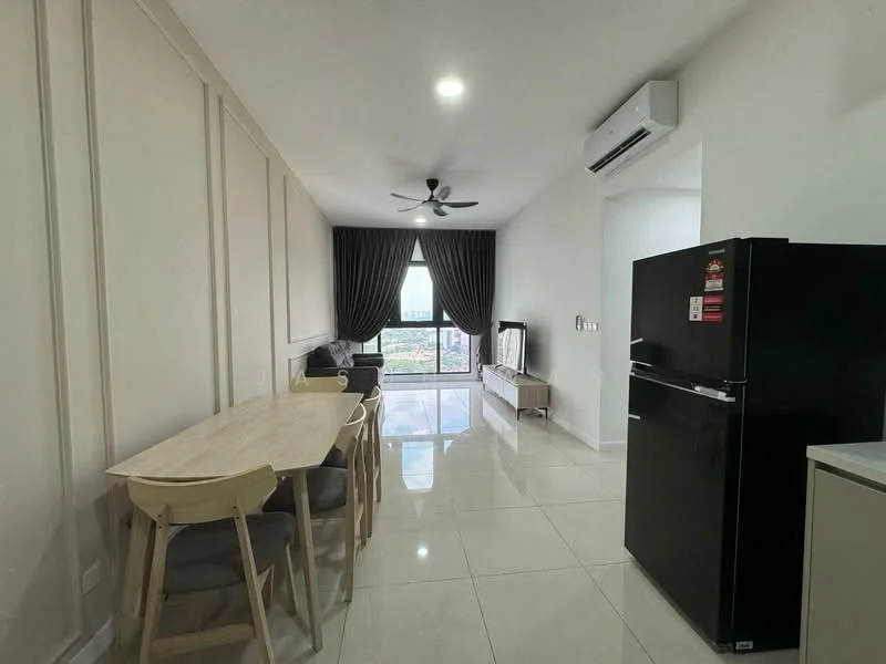 Living features: white painted walls, glossy ceramic tile flooring, 5-blade ceiling fan with light, floor-to-ceiling windows, black refrigerator, sofa in grey, TV console, dining table with 4 chairs, curtains in dark fabric; style: modern; view: garden.