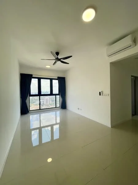 Living features: white painted walls, glossy tile flooring, 5-blade ceiling fan with light, floor-to-ceiling windows, blackout curtains, wall-mounted split AC, natural light from windows, city view; style: modern; view: city.