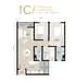 Floor plan: 2-bedroom 1-bathroom unit; features: open-plan kitchen-dining-living, master bedroom with ensuite bathroom, bedroom 2 with shared bathroom, balcony off living room, utility room, laundry area, central foyer.