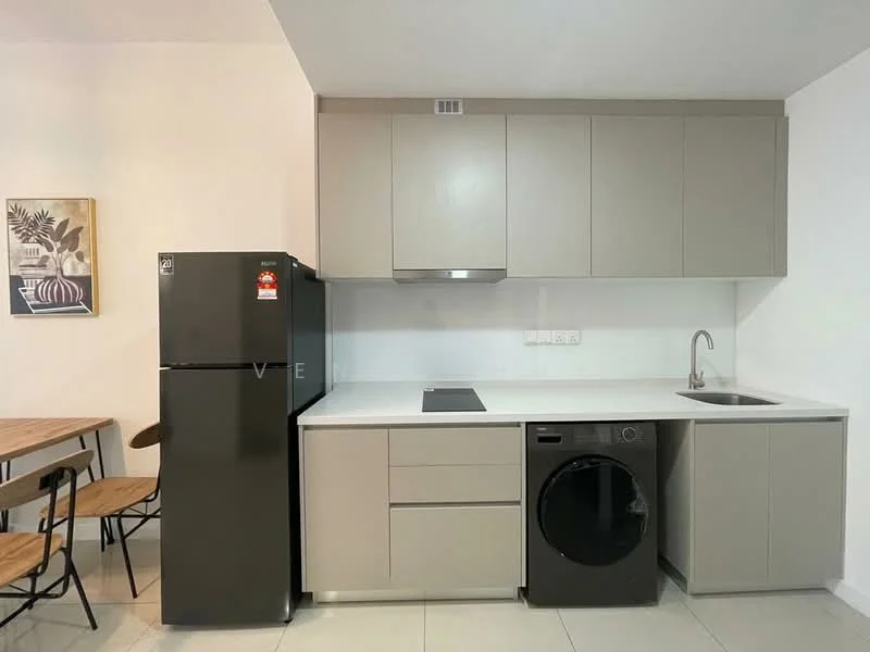 Kitchen features: grey cabinetry, white countertop, single-bowl stainless-steel sink, chrome pull-down faucet, black fridge, built-in electric stove, black front-load washing machine, tile flooring, wall-mounted cabinets, open shelving, dining table with wooden top, metal chairs; style: modern.