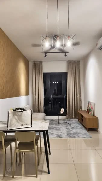 Living features: white painted walls, wood accent wall, polished ceramic tile flooring, 5-blade ceiling fan with light, recessed downlights, floor-to-ceiling windows, sheer curtains, light grey area rug, wooden sideboard, dining table with 4 chairs, decorative artwork; style: modern.