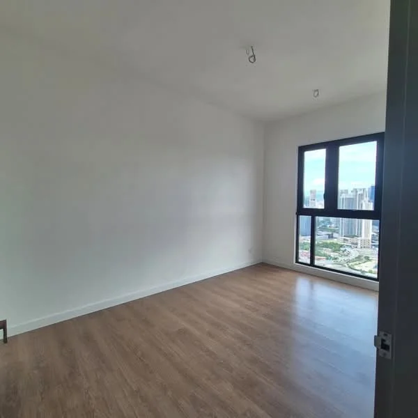 Room features: white painted walls, laminate flooring, floor-to-ceiling windows, city view, recessed lighting; style: modern; view: city.