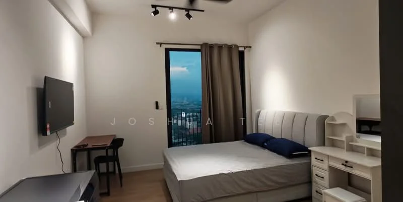 Bedroom features: queen-size bed with upholstered headboard, two blue accent pillows, wooden flooring, floor-to-ceiling window with city view, grey curtains, wall-mounted TV, study desk with chair, built-in wardrobe, recessed downlights, ceiling fan; style: modern; view: city.