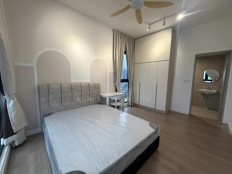 Bedroom features: queen-size bed with upholstered headboard, light wood flooring, floor-to-ceiling window with city view, white curtains, built-in wardrobe with sliding doors, wall-mounted bedside table, ceiling fan with light, neutral wall color with decorative arch, recessed lighting; style: modern; view: city.